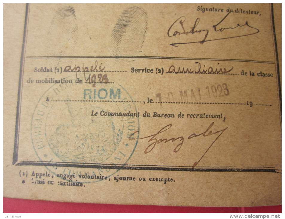 RIOM 1923 LIVRET MILITAIRE Apellé Conchon J. Né 1903 ST ELOY(MONTAIGU)Affecté 41é BATAILLON DE Génie - Documents