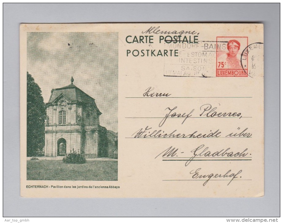 Luxemburg 1937-08-04 Luxembourg-Ville 75c Bildpostkarte "Echternach" Nach M'Gladbach DE - Entiers Postaux