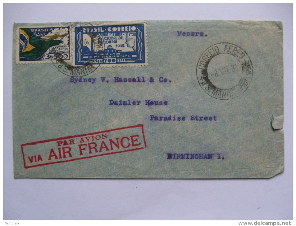 BRAZIL 1934 AIR MAIL COVER RECIFE TO BRIMINGHAM ENGLAND WITH VIA AIR FRANCE CACHET AND AIR FRANCE RECIFE POSTMARK - Sonstige & Ohne Zuordnung