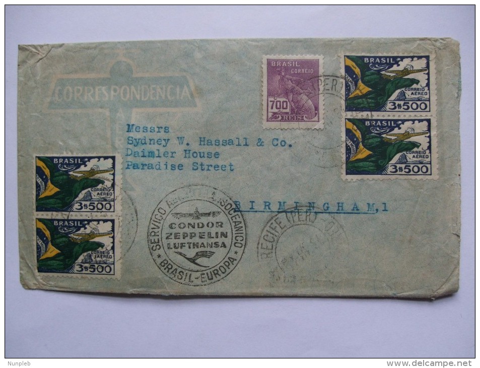 BRAZIL 1930 ZEPPELIN COVER RECIFE TO BIRMINGHAM ENGLAND WITH CONDOR ZEPPELIN LUFTHANSA CACHET AND STUTTGART TRANSIT MARK - Briefe U. Dokumente