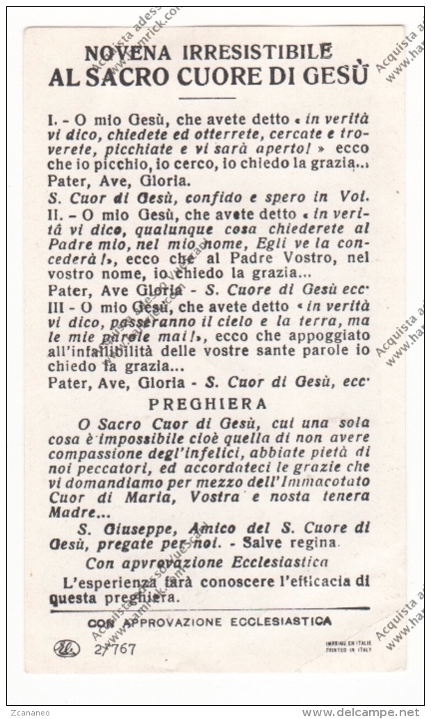 *SANTINO CON NOVENA IRRESISTIBILE AL SACRO CUOR DI GESU' - - Devotieprenten