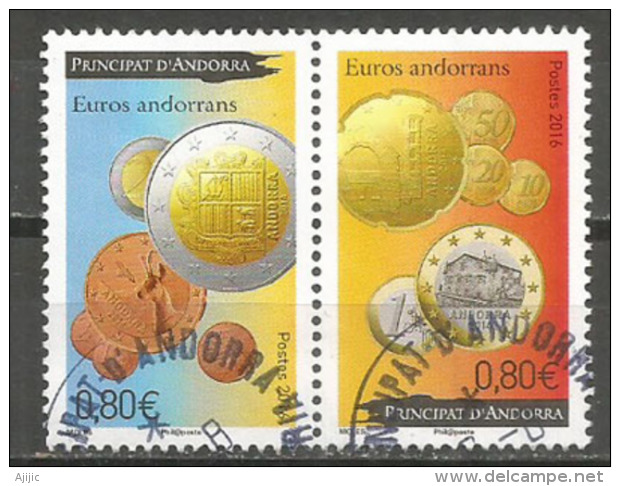 Primeras Monedas De Euro Puestas En Circulación En ANDORRA, Dos Sellos Usados ​​2016,  1 Era Calidad . AND.FR - Oblitérés