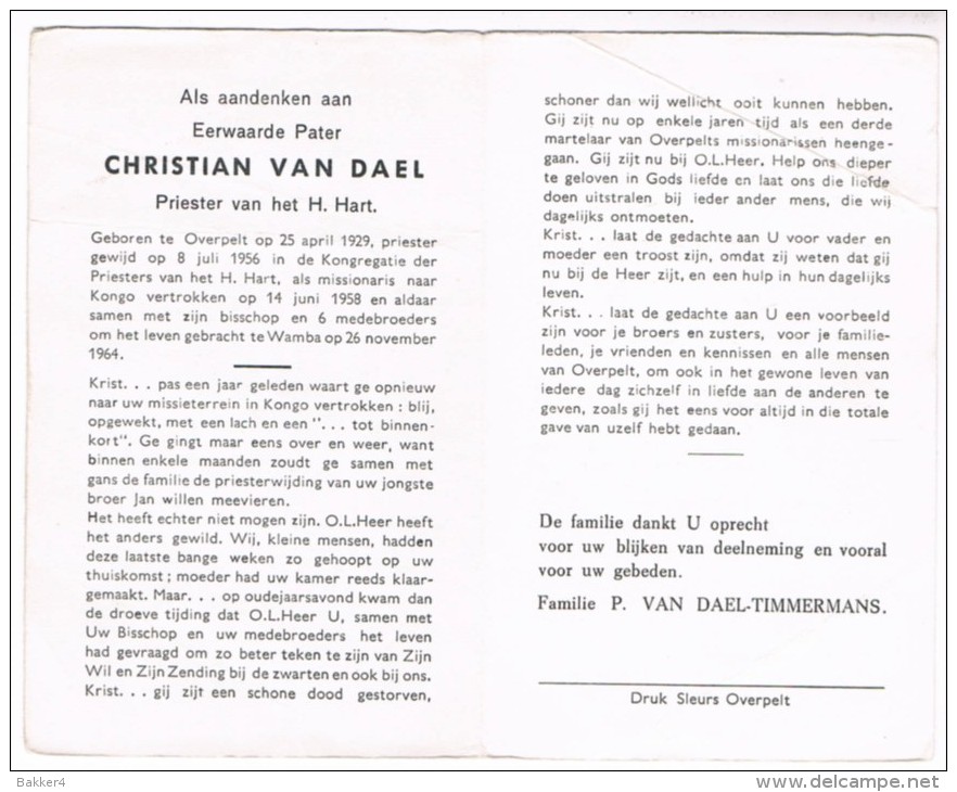 Dp. Pater. Van Dael Christian. ° Overpelt 1929 † Wamba (Congo) 1964 (Vermoord) - Religion & Esotericism