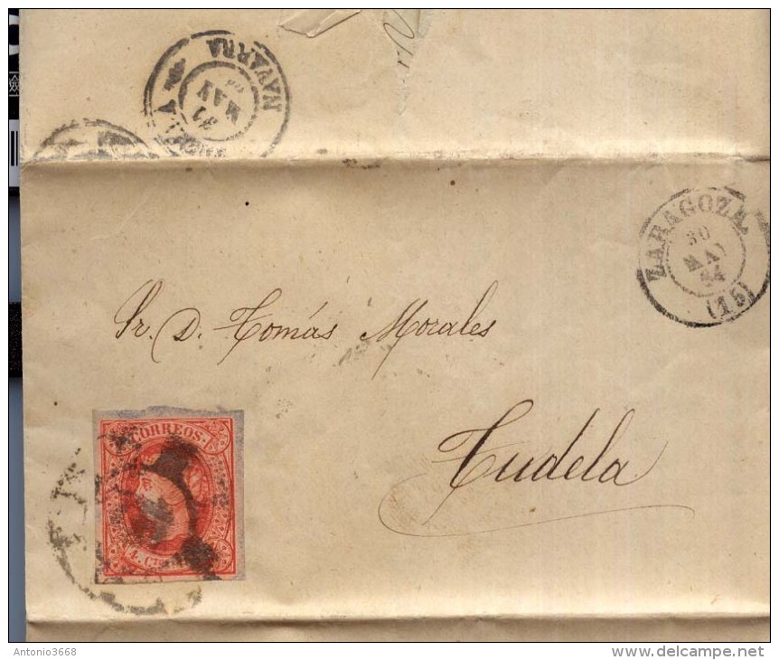 Año 1864 Edifil 64 4c Isabel II  Carta Matasellos  Rueda De Carreta 15 Zaragoza - Gebraucht