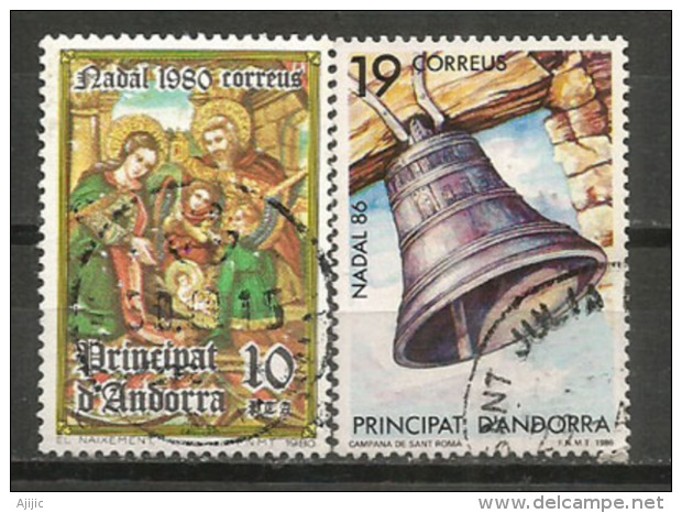 Noël Andorran (Cloche De Santa Roma), 2 TIMBRES OBLITÉRÉS, Cachets Ronds - Oblitérés