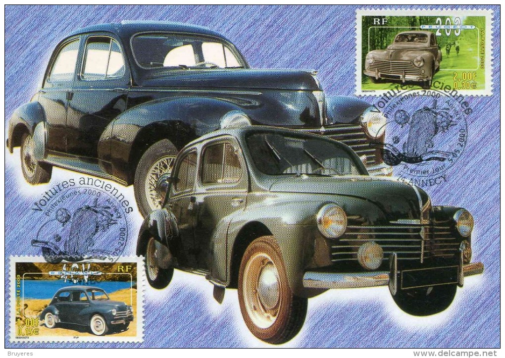 CP PJ Avec Timbres Et Illust. "4CV RENAULT - 203 PEUGEOT" - Oblt. PJ Annecy  05 05 2000 - Cars