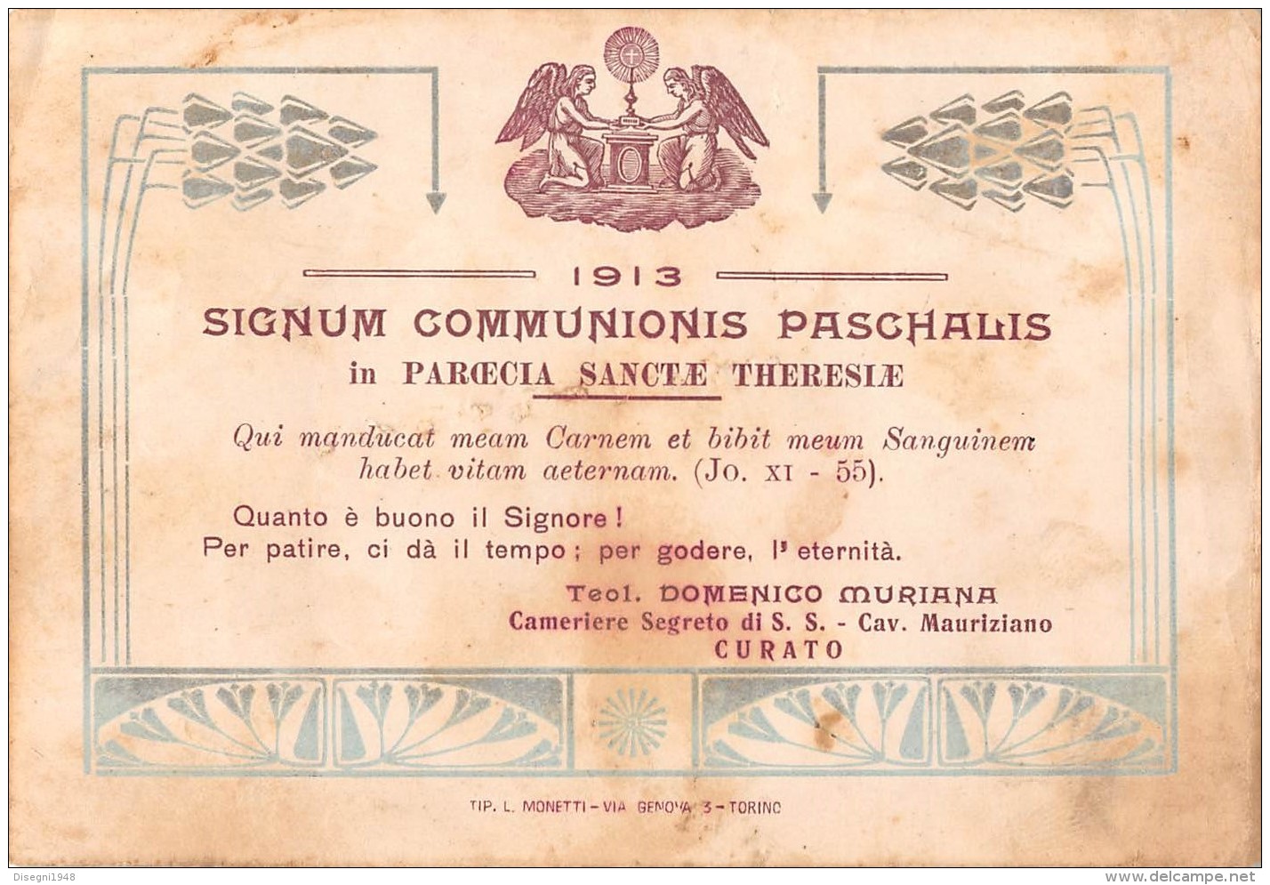 06208 "TORINO - PARROCCHIA SANTA TERESA - COMUNIONE PASQUALE 1913" IMM. RELIG. ORIGIN. - Santini