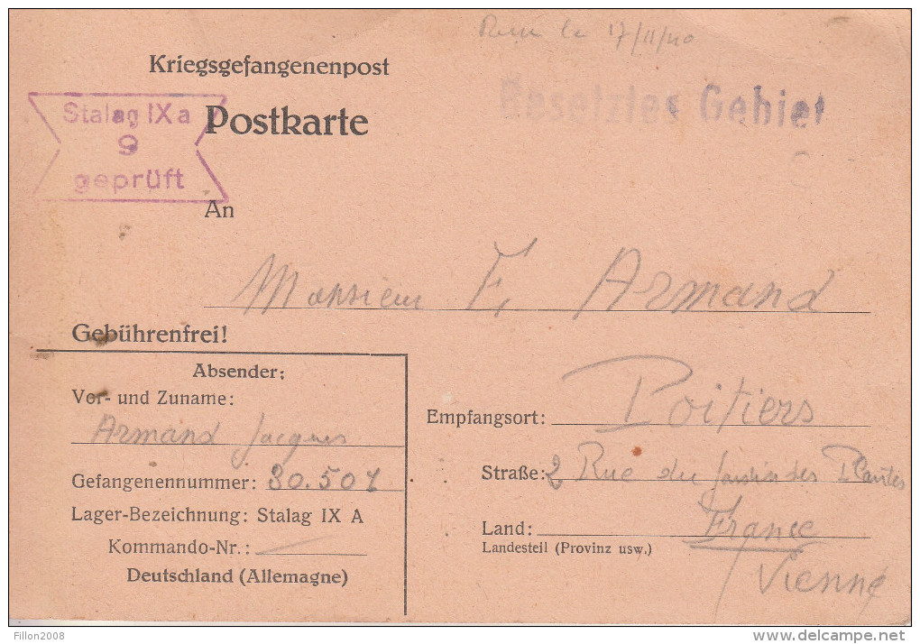 Carte De Prisonnier En Allemagne (17/11/1940) Destinée à Mr Armand - Poitiers - Autres & Non Classés