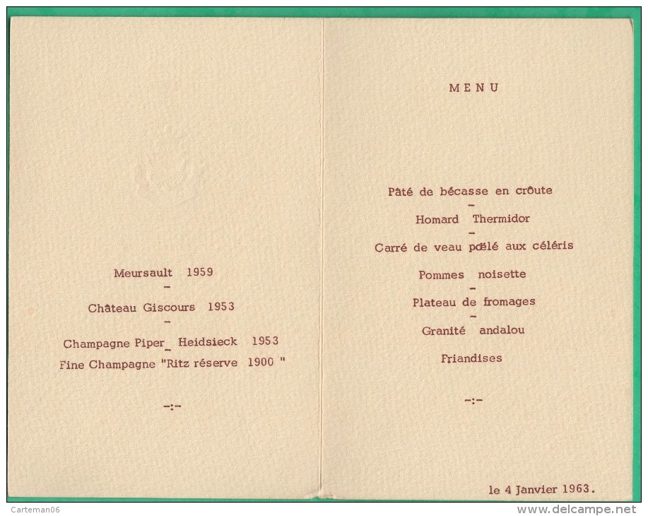 Menu - Hôtel Ritz à Paris - 1963 - Menus