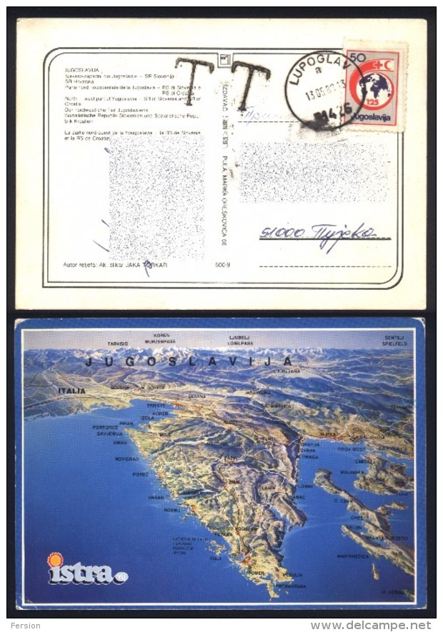 1988 Slovenia Croatia Yugoslavia Postcard -  Istria Istra Map - PORTO DUE - LUPOGLAV - Red Cross Label Charity Vignette - Impuestos