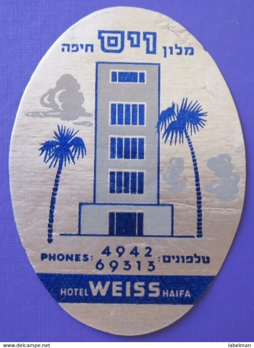 HOTEL MOTEL WEISS HAIFA VINTAGE OLD ISRAEL PALESTINE TAG STICKER DECAL LUGGAGE LABEL ETIQUETTE AUFKLEBER - Hotel Labels