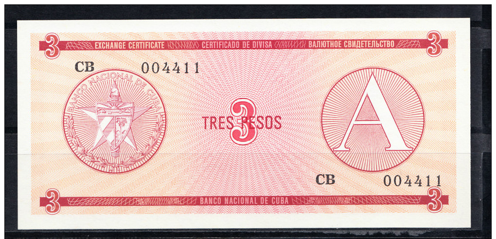 CUBA  1985 3  PESOS.CERTIFICADO DE DIVISA.SERIE A.CASTILLO SAN PEDRO DELA ROCA   NUEVO SIN CIRCULAR     B823 - Cuba