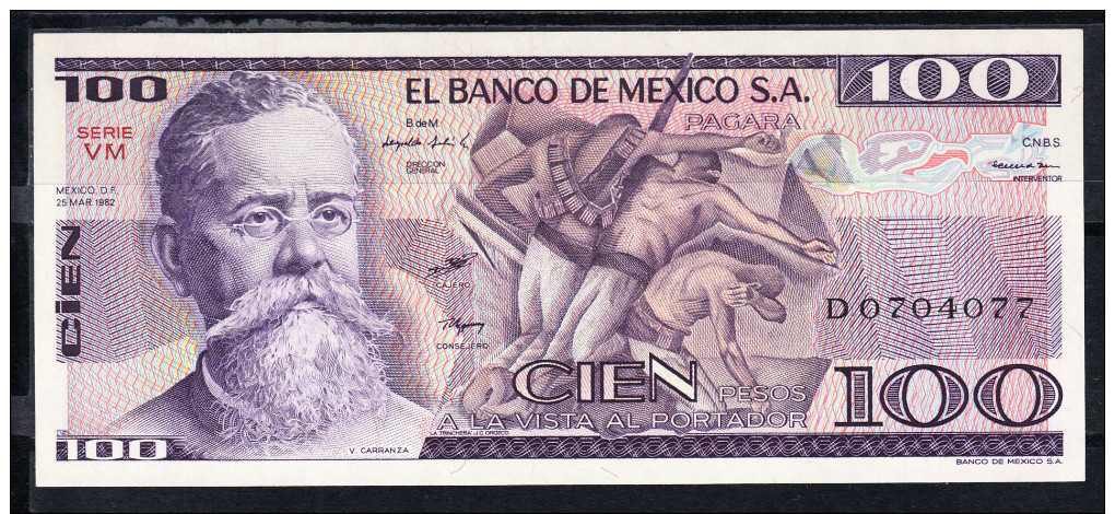 MÉXICO   1982     100  PESOS. V.CARRANZA.  NUEVO SIN CIRCULAR     B826 - México