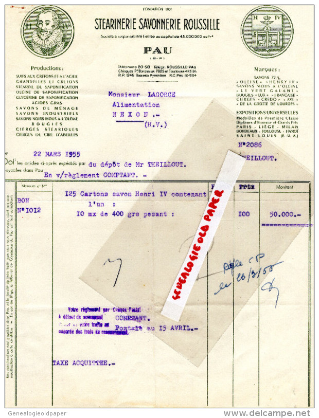 64 - PAU - FACTURE STEARINERIE SAVONNERIE ROUSSILLE - SAVON- 1955- HENRI IV - 1950 - ...