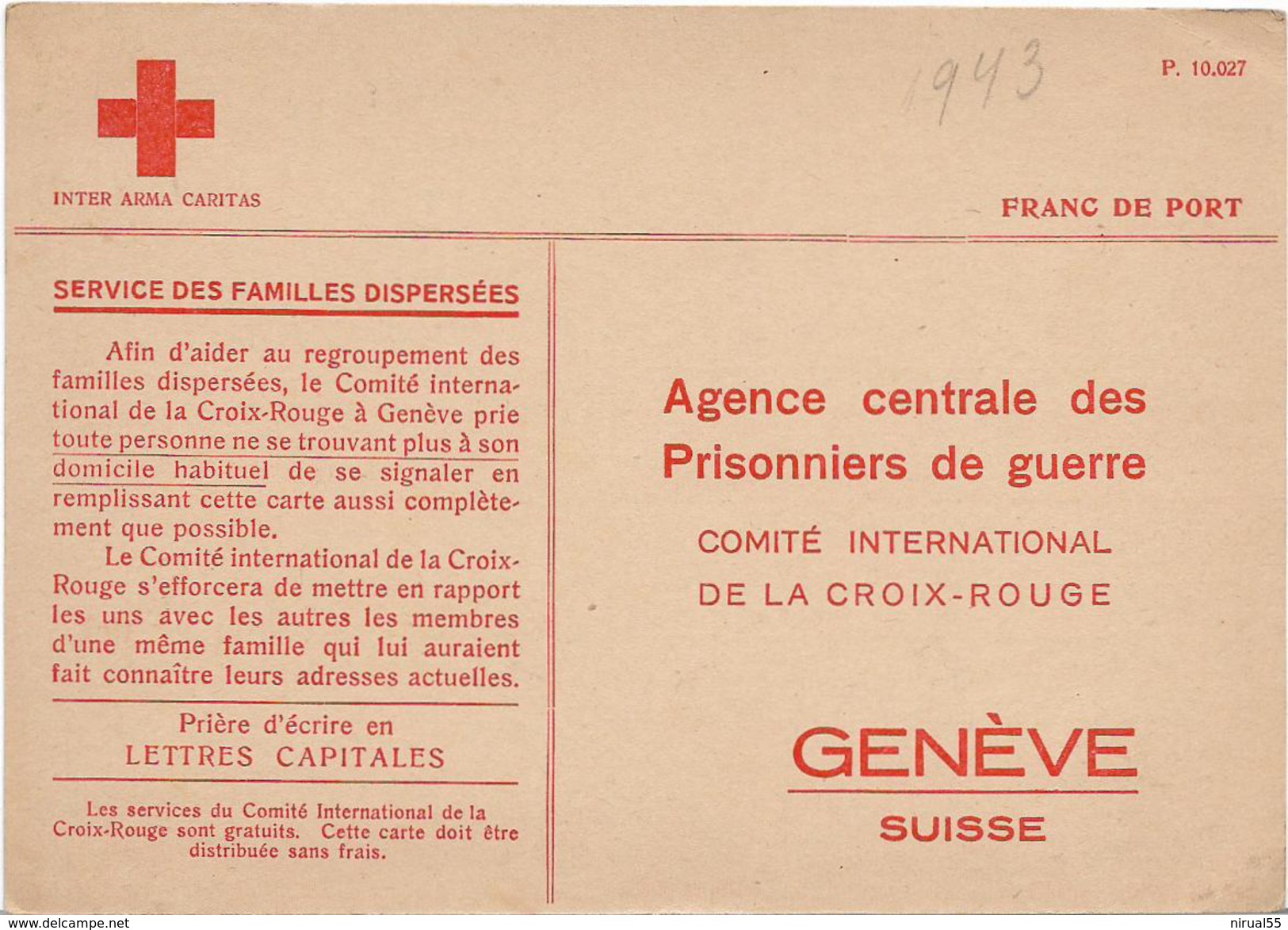 CROIX ROUGE Suisse Carte Neuve Ref P.10.027 Agence Centrale Des Prisonniers De Guerre - Geneve 1943   ....G - Sonstige & Ohne Zuordnung