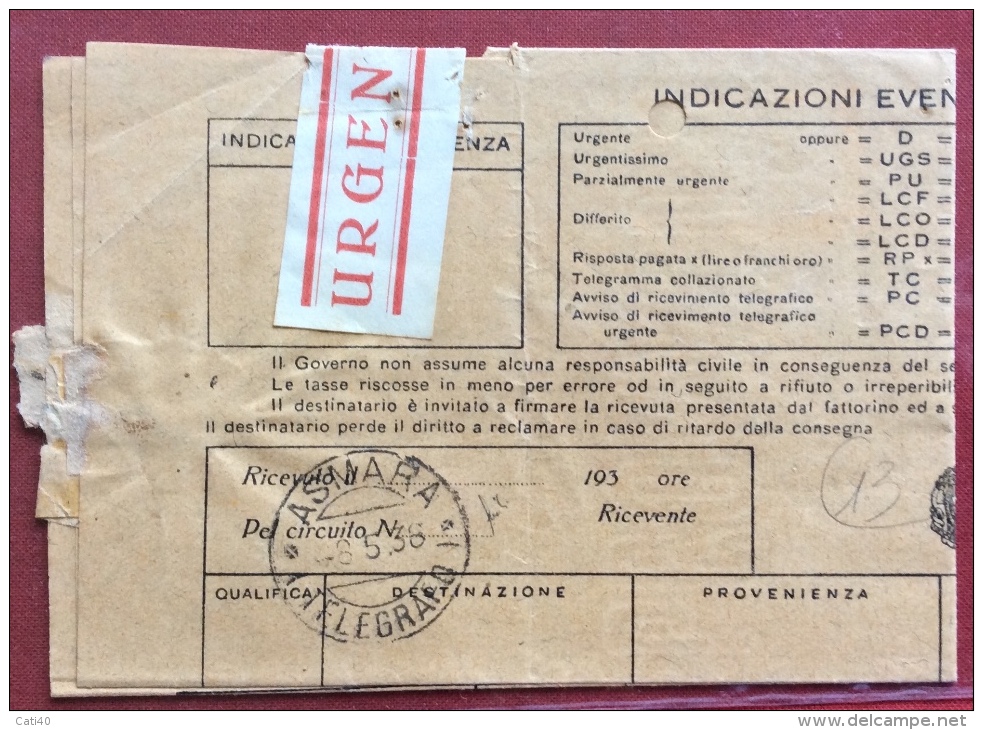 COLONIE ITALIANE ARMARA TELEGRAFO 8/5/38 Annullo Su Telegramma Completo URGENTE - Eritrea