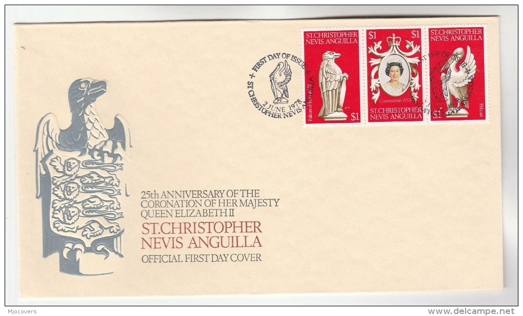 1978 ST CHRISTOPHER Nevis ANGUILLA FDC Anniv CORONATION , HERALDIC FALCON, PELICAN Bird Stamps Royalty Cover Birds - Eagles & Birds Of Prey