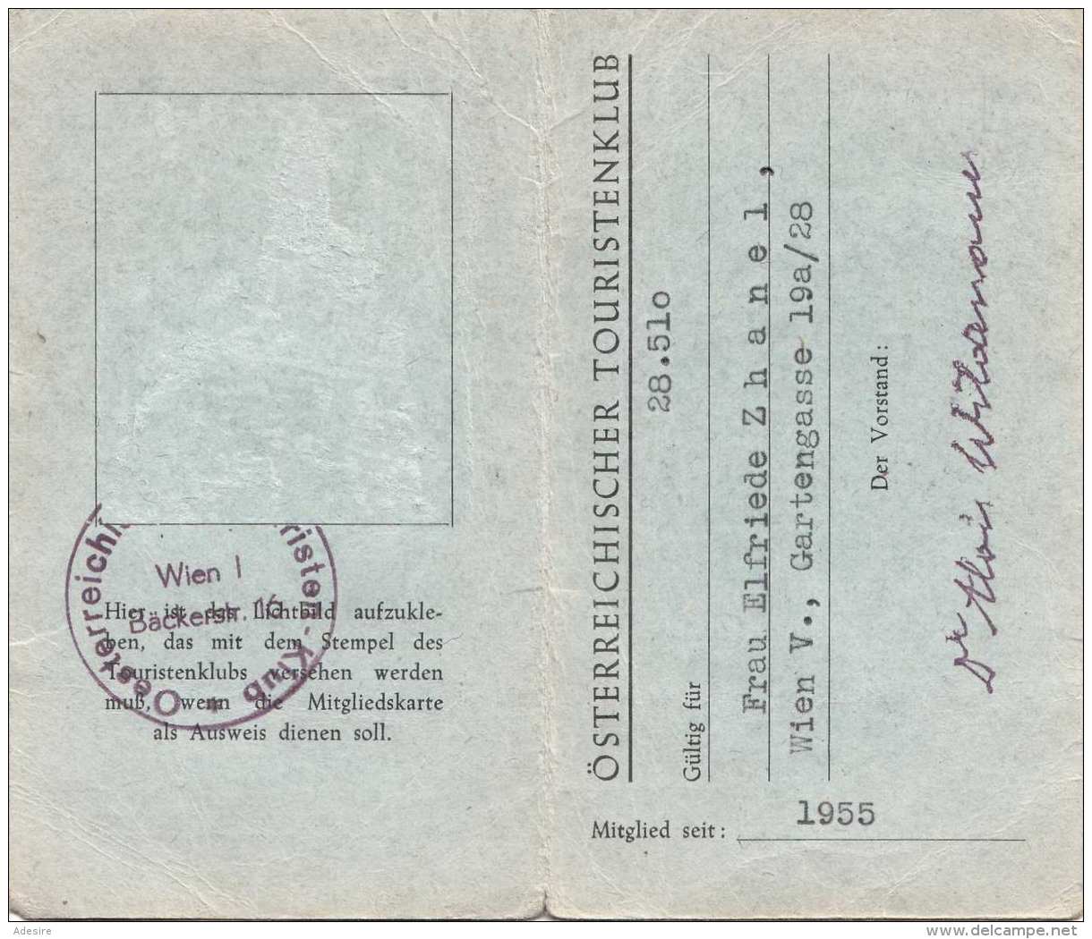 MITGLIEDSKARTE ÖSTERREICHSCHER TOURISTENKLUB 1958 - Historische Dokumente