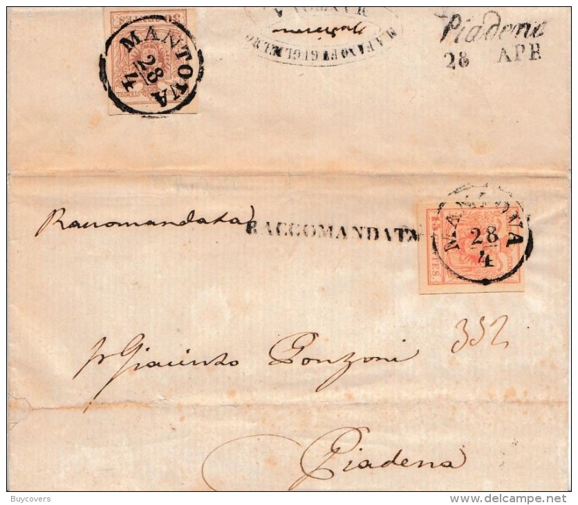 LV110- LOMBARDO VENETO - RACCOMANDATA Del 28 Aprile 1857-  Da Mantova A Piadena Con 15 Cent. E 30 Cent.  -  . Leggi ... - Lombardo-Venetien