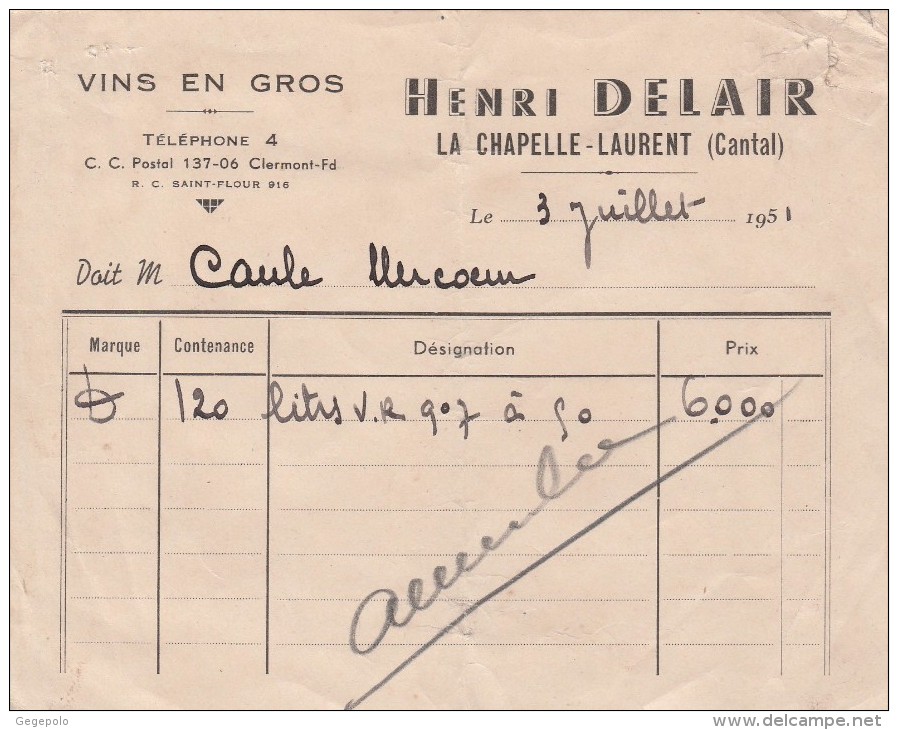 LA CHAPELLE-LAURENT  ( Cantal )  - Vins En Gros - HENRI DELAIR ( 13,5 Cm X 10,8 Cm ) - 1950 - ...