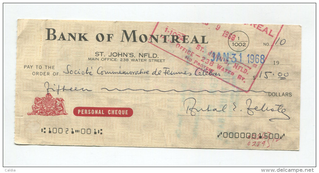 Canada 1967 - 1968 4x " CHEQUES "  Stamped & Signed