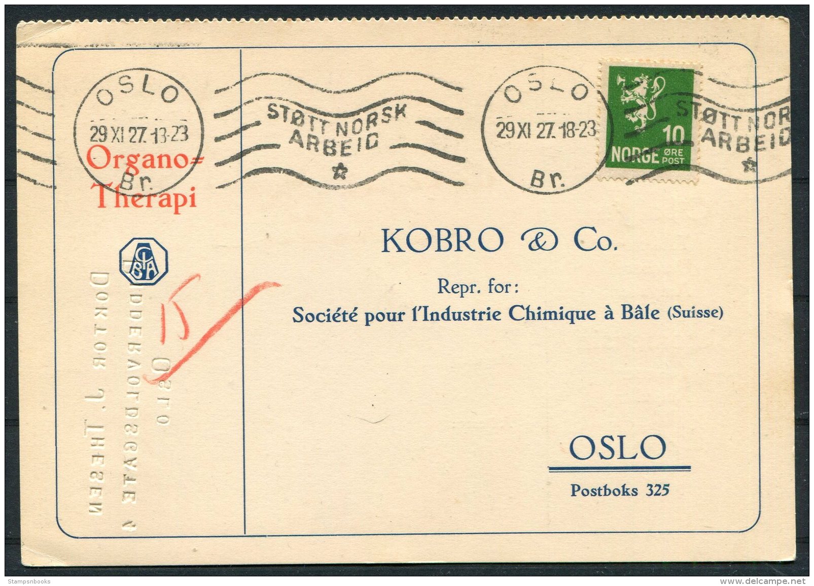 1927 Norway Organo Therapi Medical Advertising Postcard Oslo Stott Norsk Arbeid - Covers & Documents