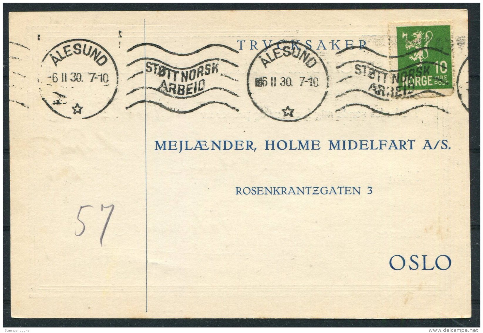 1930 Norway Chemist Medical Advertising Postcard Alesund Stott Norsk Arbeid - Covers & Documents