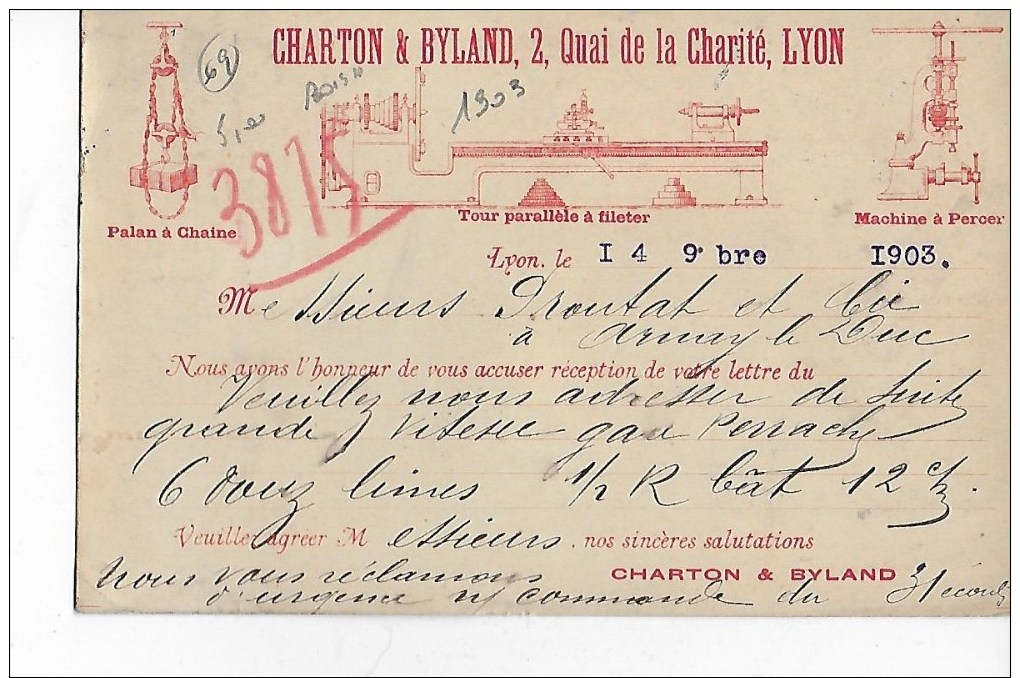 CARTE  POSTALE  Des  Ets  CHARTON  &  BYLAND  à  LYON  à  ARNAY  En  1903 - 1900 – 1949