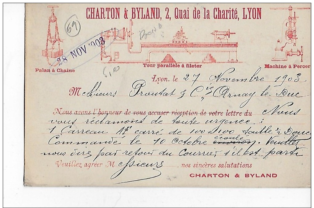 CARTE  POSTALE  Des  Ets  CHARTON  &  BYLAND  à  LYON  à  ARNAY   En  1903 - 1900 – 1949