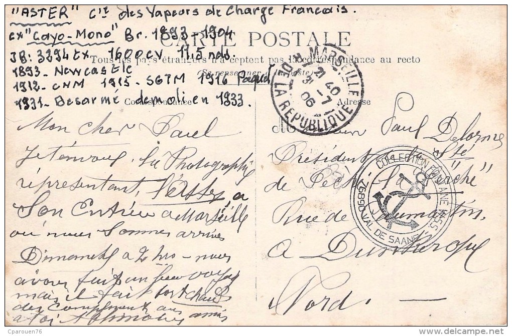 Carte Photo Bateau " Aster " Compagnie Des Vapeurs De Charge Français Newcastle 1893 - Commercio