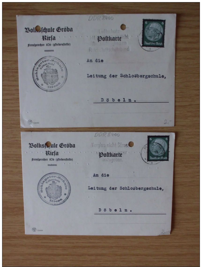 1934, ZWEI POSTKARTEN Der SCHLAGETER-SCHULE, VOLKSSCHULE RIESA Mit STEMPELN Von RIESA, LUFTSCHUTZ, VERGISS NICHT... - Storia Postale