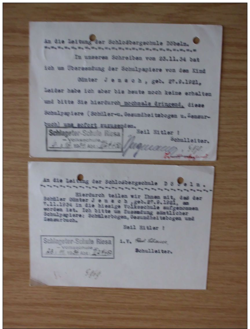 1934, ZWEI POSTKARTEN Der SCHLAGETER-SCHULE, VOLKSSCHULE RIESA Mit STEMPELN Von RIESA, LUFTSCHUTZ, VERGISS NICHT... - Storia Postale