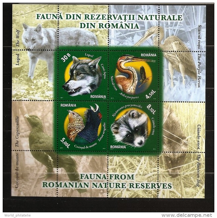 Roumanie 2011 N° BF 410 ** Animaux, Loup, Canis Lupus, Héron, Grand Tétras, Chien Viverrin, Raton-laveur, Oiseau - Unused Stamps