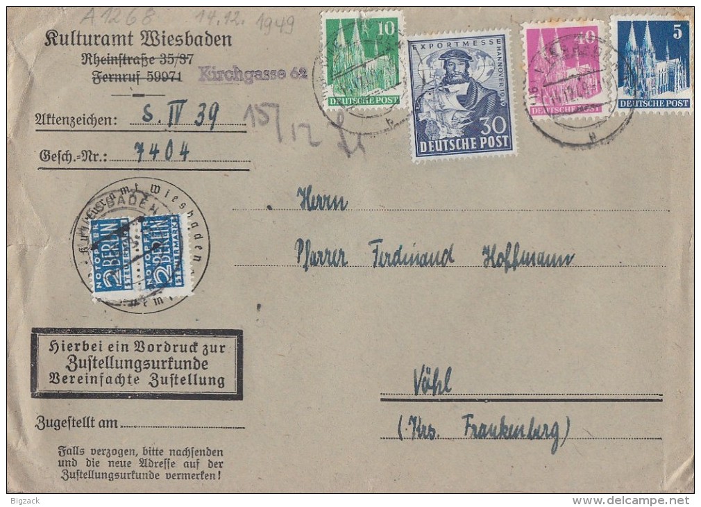 Bizone Brief Zustellungsurkunde Mif Minr.75wg,90wg,80eg,105 Wiesbaden 14.12.49 - Sonstige & Ohne Zuordnung