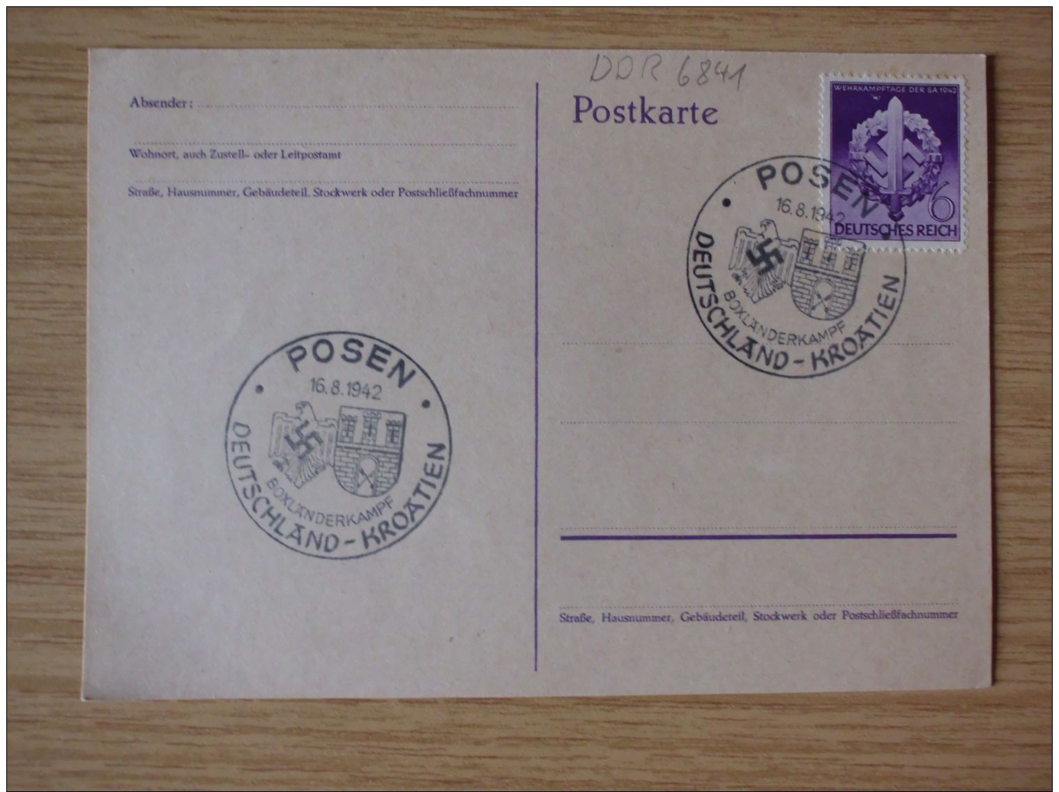 16.08.1942, POSTKARTE Mit Nr. 818 Mit SONDERSTEMPEL Von POSEN, BOXLÄNDERKAMPF DEUTSCHLAND-KROATIEN - Storia Postale