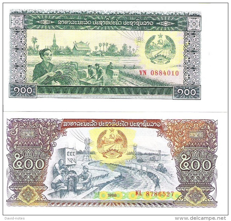 Laos - Pick 30, 31 - 100, 500 Kip 1979, 1988 - Unc - Set 2 Banknotes - Laos