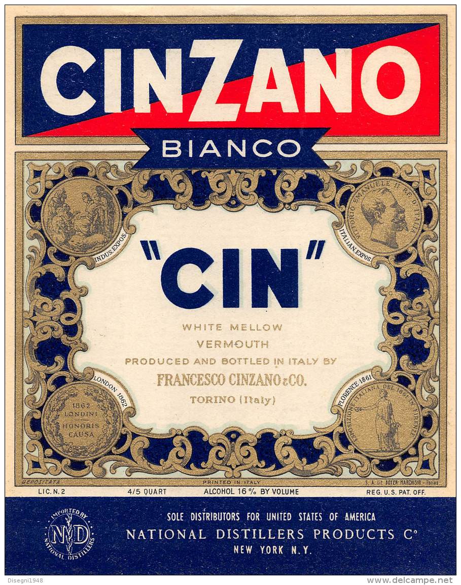 06219 "CINZANO BIANCO - CIN - WHITE MELLOW VERMOUTH - FRANCESCO CINZANO & CO. - TORINO " ETICH. ORIG. - ORIGINAL LAB - Altri & Non Classificati