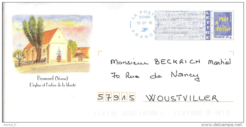 PAP ENTIER POSTAL STATIONERY GANZSACHE GS FRANCE OBLITERE BONNARD YONNE EGLISE CHURCH KIRCHE ARBRE LIBERTE FREIHEIT - Listos A Ser Enviados : Réplicas Privadas