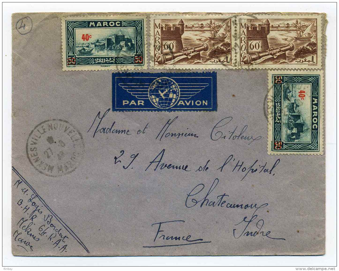 Lettre  MEKNES VILLE NOUVELLE / Poste Par Avion / Aff Composé TP Maroc- 1941 - Posta Aerea