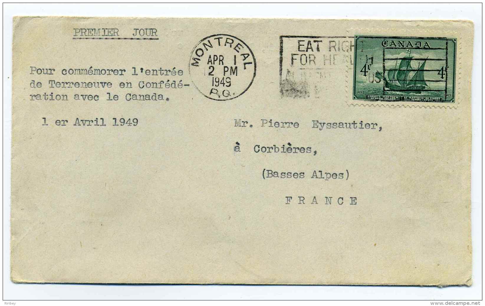 CANADA  Commémoration De L'entrée De TERRENEUVE / 1er Avril 1949 / Lettre Pour La France - Cartas & Documentos