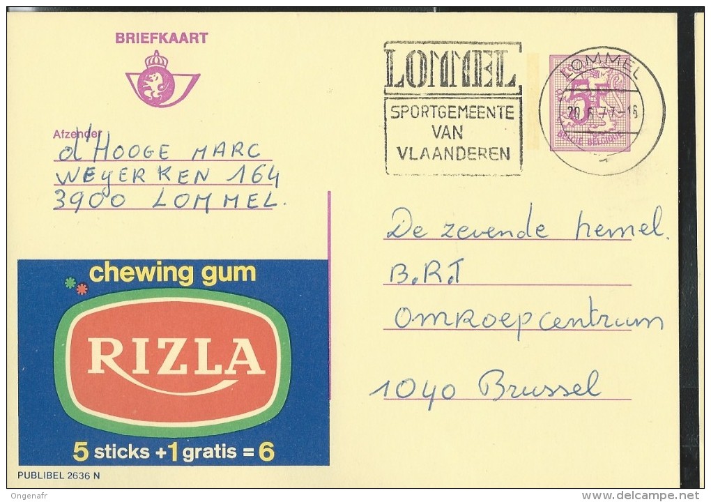 Publibel Obl. N° 2636 ( Chewing Gum  RIZLA) Obl:  Lommel 20/06/1977 + Belle Flamme De Lommel (sportgemeente ... - Flammes