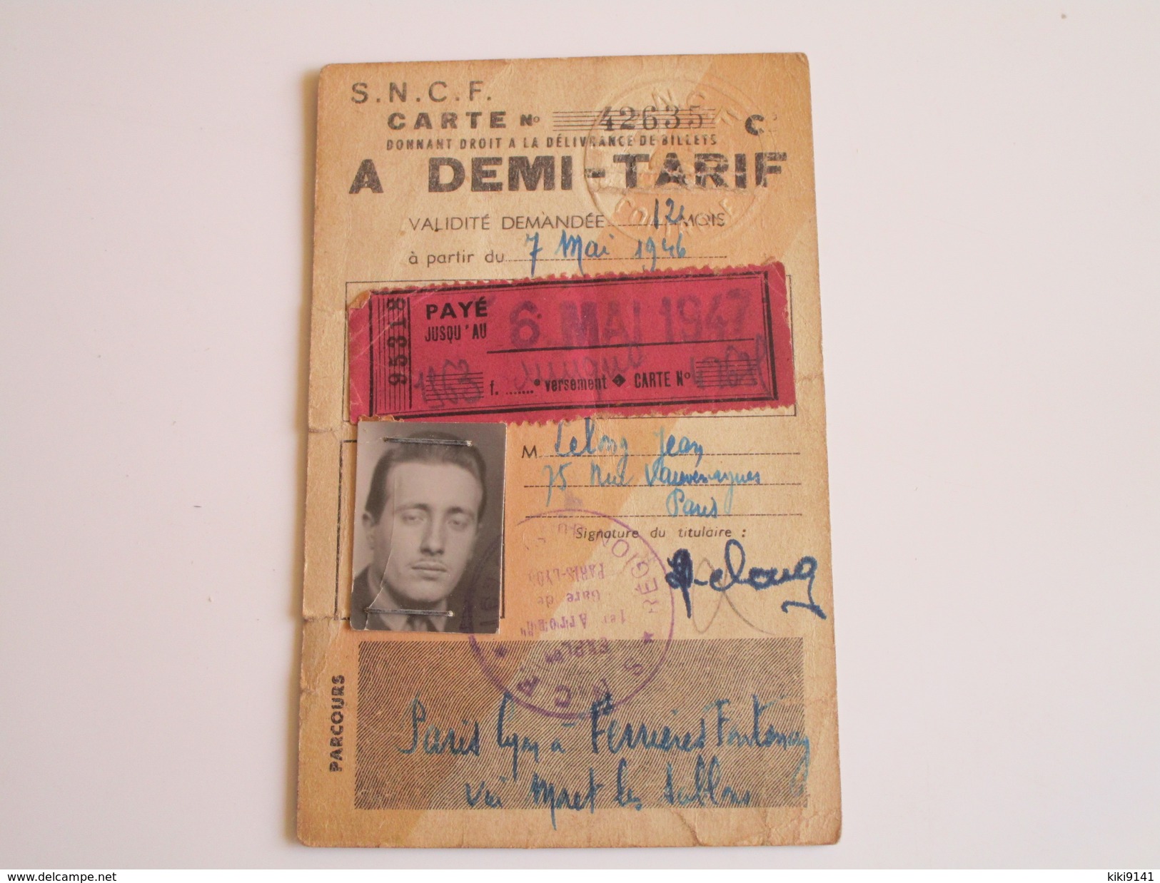 S.N.C.F. Carte à DEMI-TARIF Sur Paris-Lyon à Ferrières-Fontenay Via Moret-Les Sablons - Europe