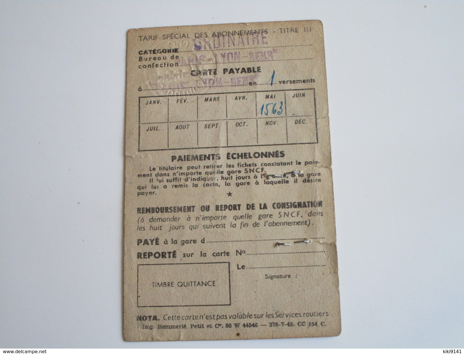 S.N.C.F. Carte à DEMI-TARIF Sur Paris-Lyon à Ferrières-Fontenay Via Moret-Les Sablons - Europe