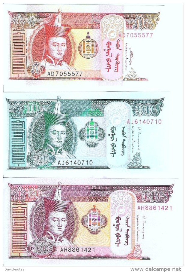 Mongolia - Pick 61B, 62g, 63g - 5, 10, 20 Tugrik 2008, 2013 - Unc - Set 3 Banknotes - Mongolie