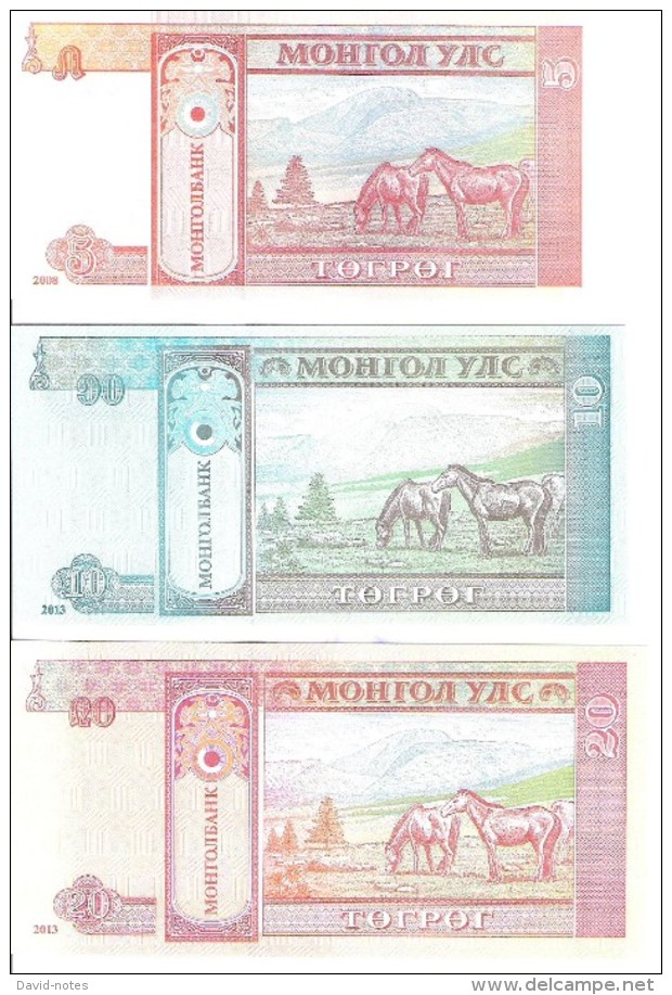 Mongolia - Pick 61B, 62g, 63g - 5, 10, 20 Tugrik 2008, 2013 - Unc - Set 3 Banknotes - Mongolia