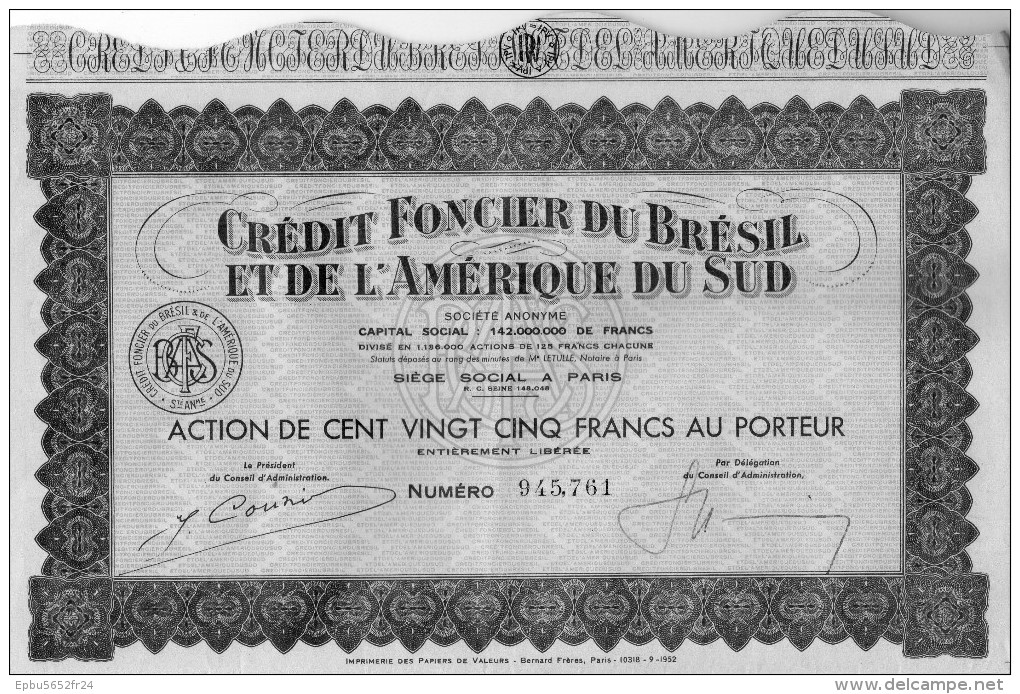 Action De 125 Francs Au Porteur Crédit Foncier Du Brésil Et De L'Amérique Du Sud  - 23  Coupons - Banque & Assurance