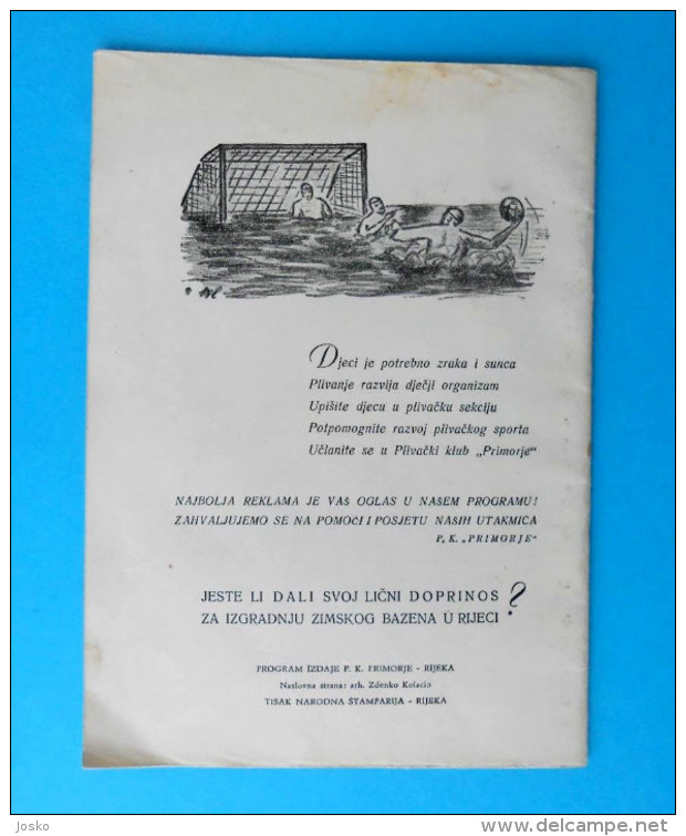 YUGOSLAVIA WATER POLO CHAMPIONSHIP 1954. Rijeka Croatia - offic. old programme waterpolo wasserball pallanuoto programm