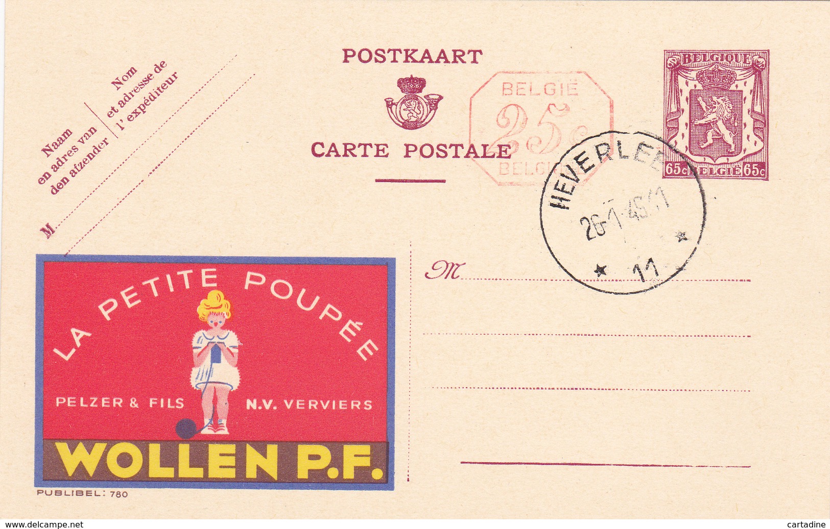 PUBLIBEL N° 780M -  WOLLEN P.F + 25C -   NL/FR -  OBLITERE BEAU CACHET HEVERLEE + 2 ETOILES - Publibels