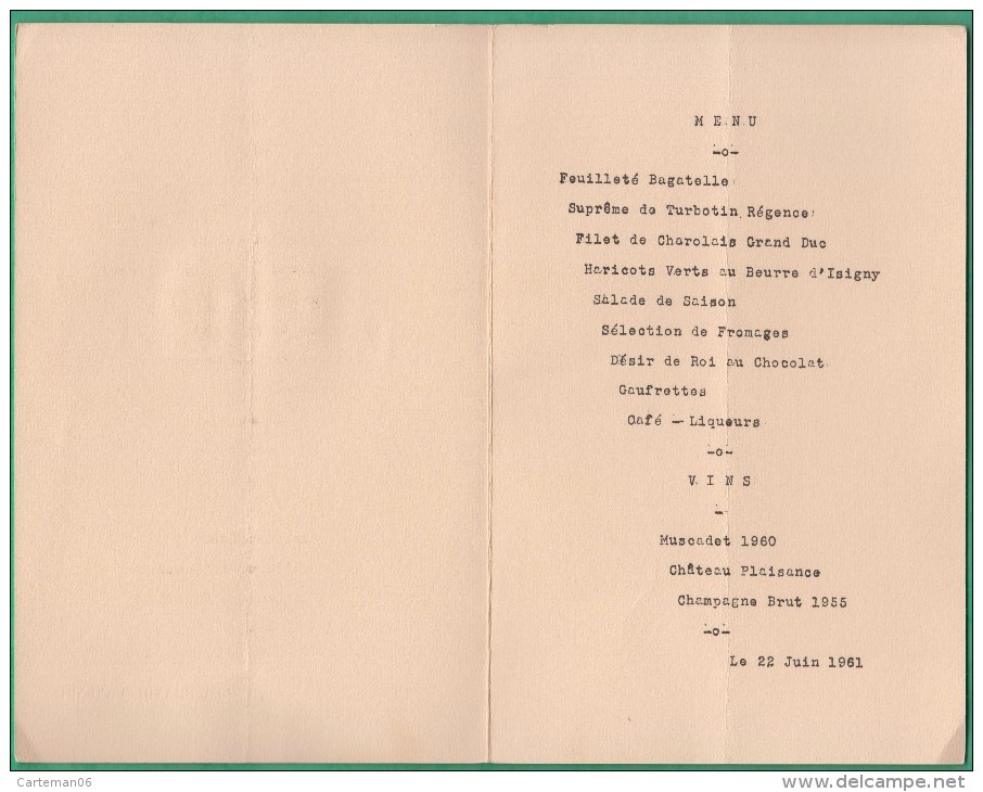 Menu - La Grande Cascade - Bois De Boulogne à Paris - 1961 - Menus