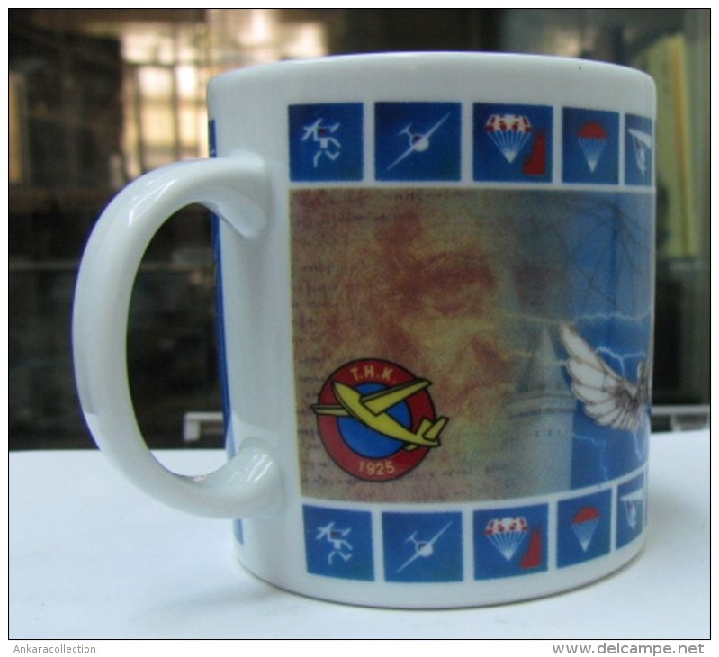 AC -  TURKISH AERONAUTICAL ASSOCIATION  PILOT PLANE PARACHUTE ILLUSTRATED PORCELAIN MUG - CUP FROM TURKEY - Cups